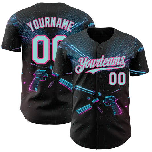 Custom Black Ice Blue-Pink Futurism Cyberpunk E-sports 3D Pattern Design Authentic Baseball Jersey - Main View
