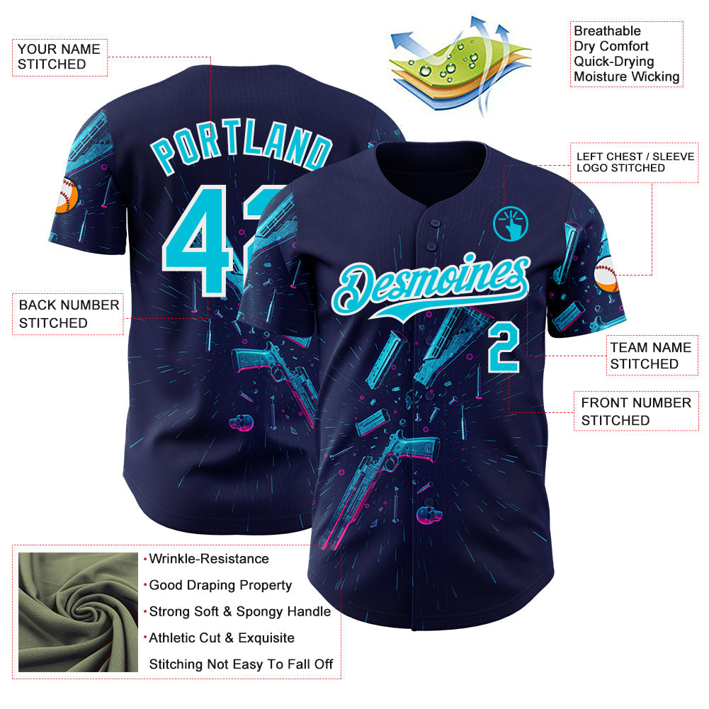 Custom Navy Lakes Blue-White Futurism Cyberpunk E-sports 3D Pattern Design Authentic Baseball Jersey view 3
