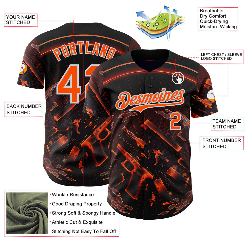 Custom Black Orange-Silver Futurism Cyberpunk E-sports 3D Pattern Design Authentic Baseball Jersey view 3
