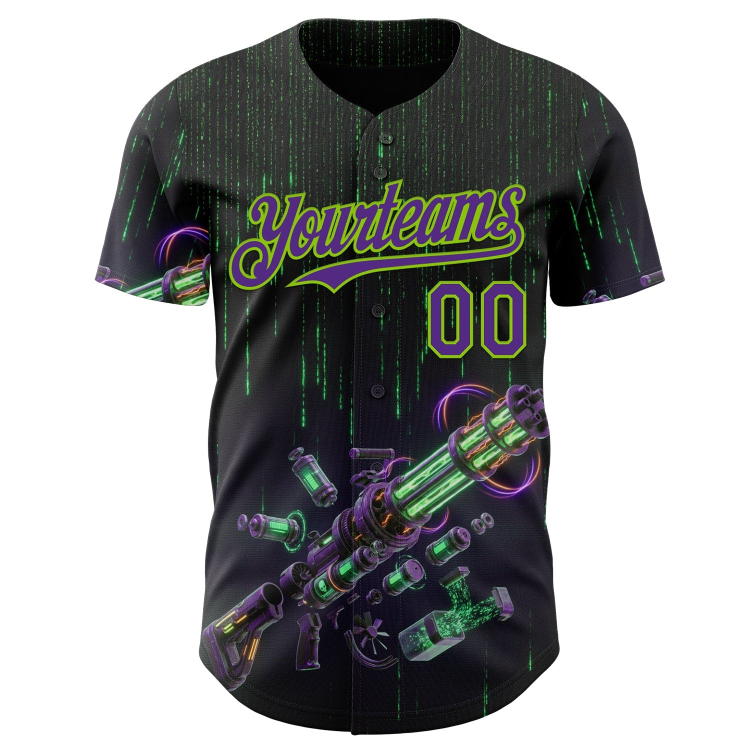 Custom Black Purple-Neon Green Futurism Cyberpunk Digital Rain 3D Pattern Design Authentic Baseball Jersey view 2