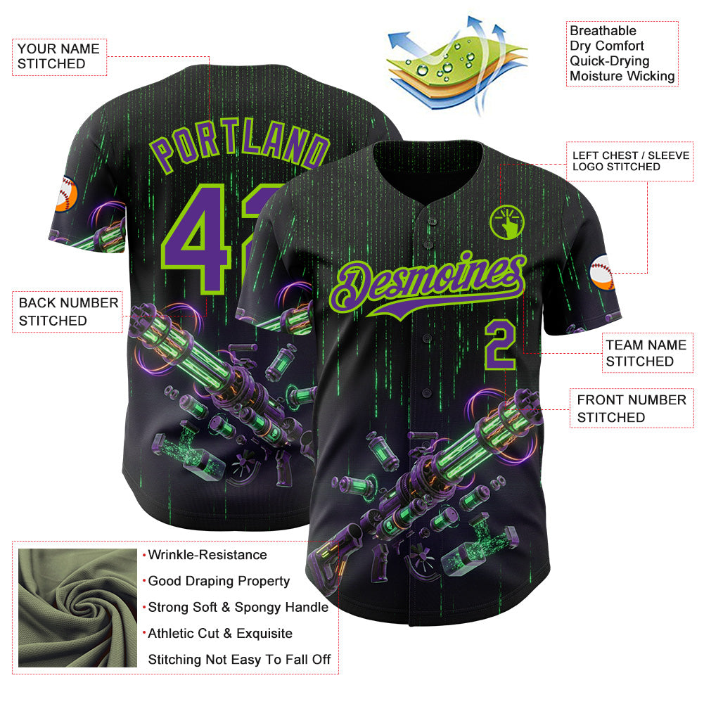 Custom Black Purple-Neon Green Futurism Cyberpunk Digital Rain 3D Pattern Design Authentic Baseball Jersey view 3