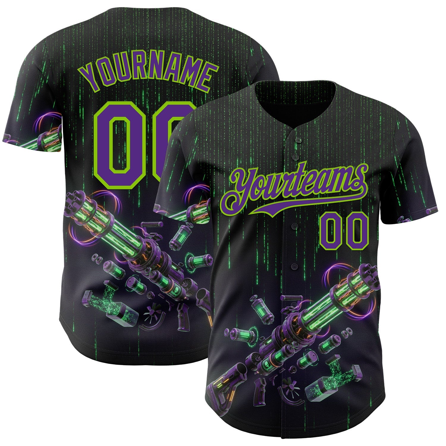Custom Black Purple-Neon Green Futurism Cyberpunk Digital Rain 3D Pattern Design Authentic Baseball Jersey - Main View