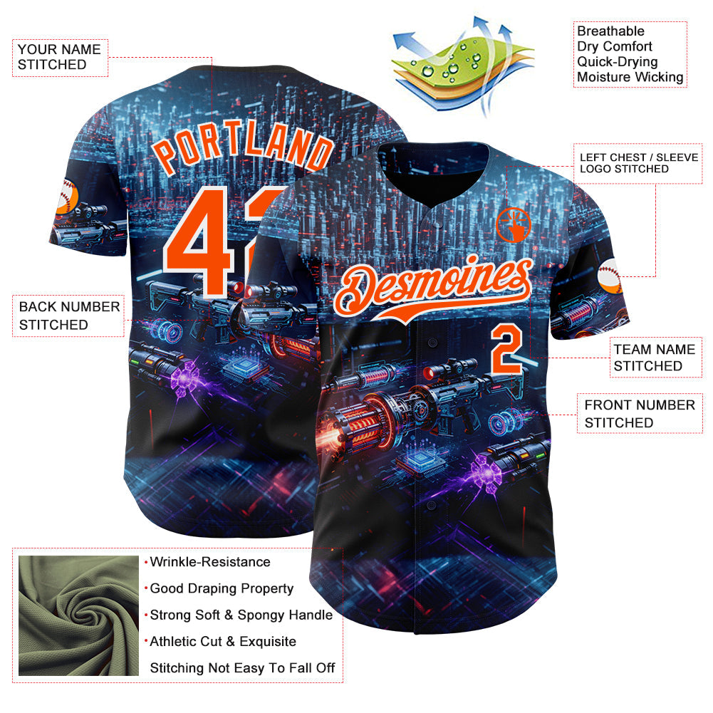 Custom Black Orange-White Futurism Cyberpunk E-sports 3D Pattern Design Authentic Baseball Jersey view 3