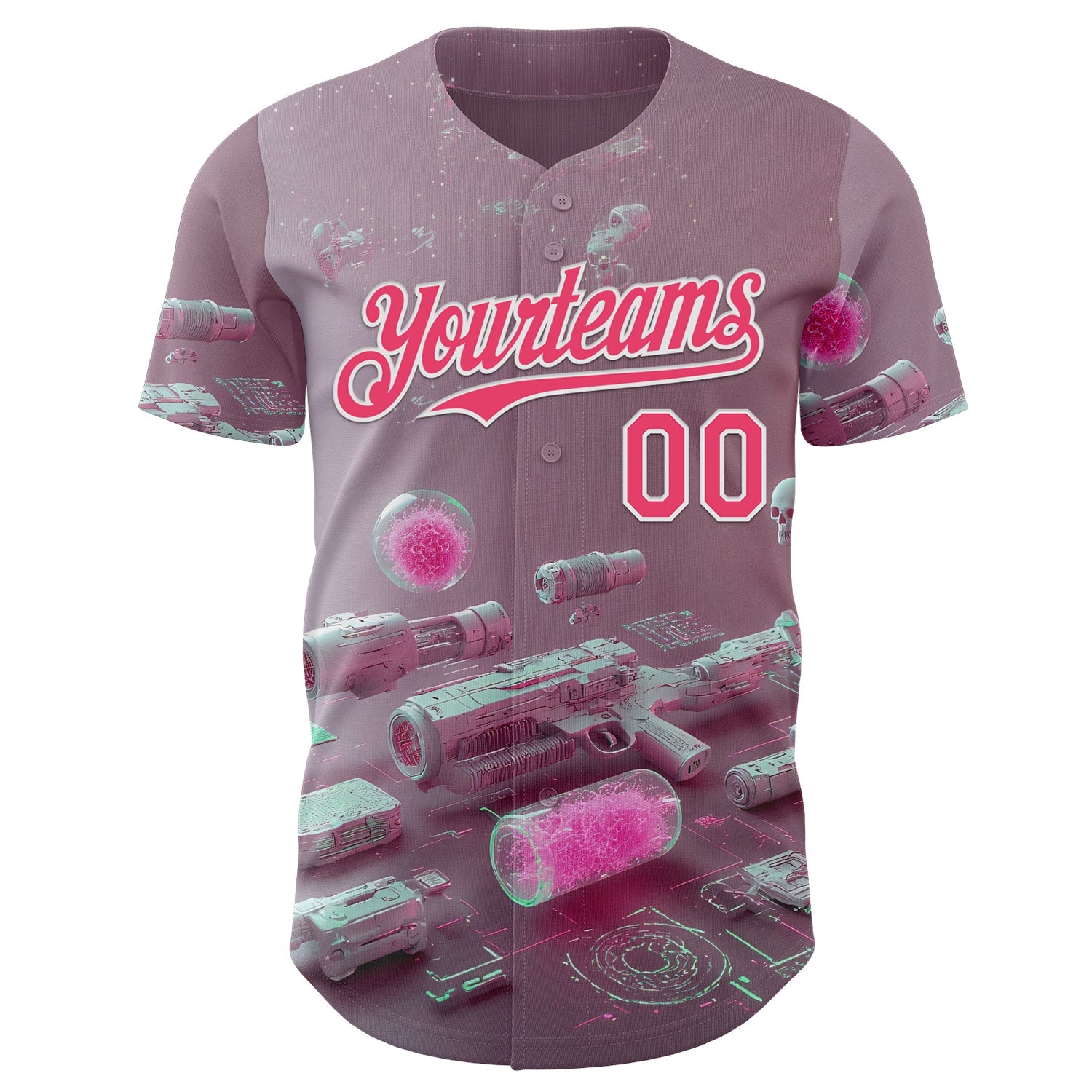Custom Gray Neon Pink-White Futurism Cyberpunk E-sports 3D Pattern Design Authentic Baseball Jersey view 2