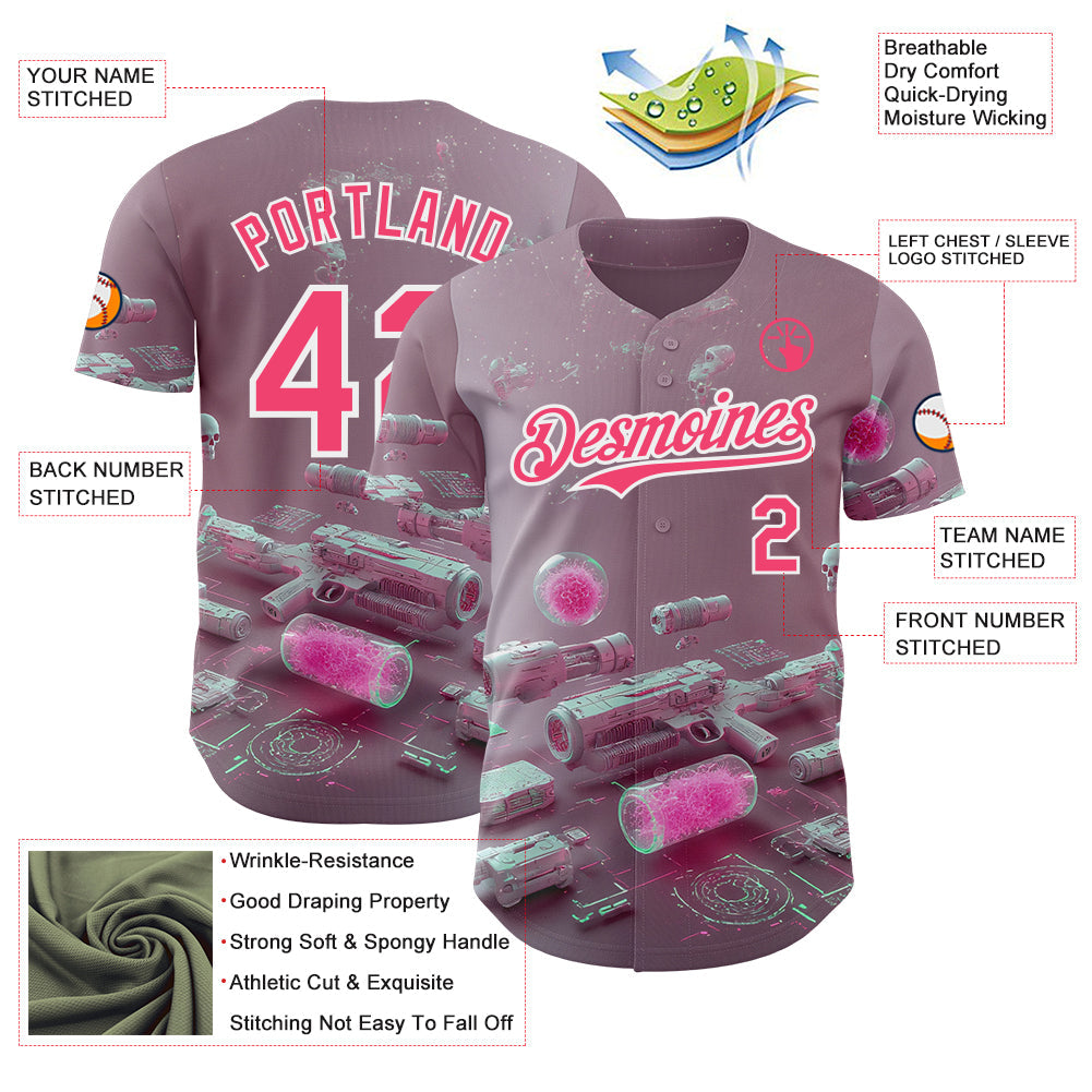 Custom Gray Neon Pink-White Futurism Cyberpunk E-sports 3D Pattern Design Authentic Baseball Jersey view 3