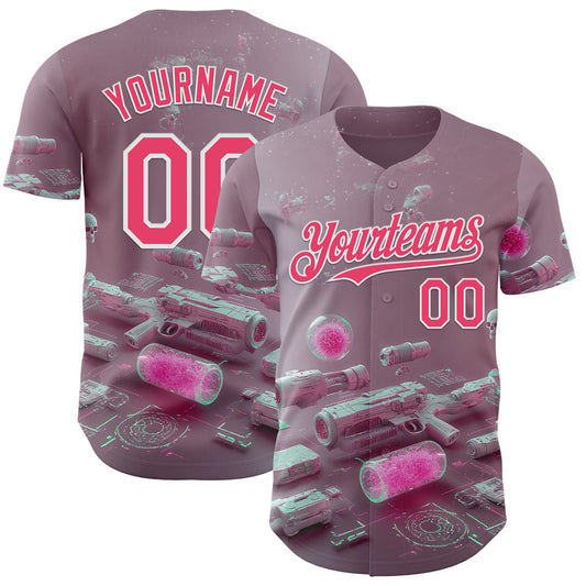 Custom Gray Neon Pink-White Futurism Cyberpunk E-sports 3D Pattern Design Authentic Baseball Jersey - Main View