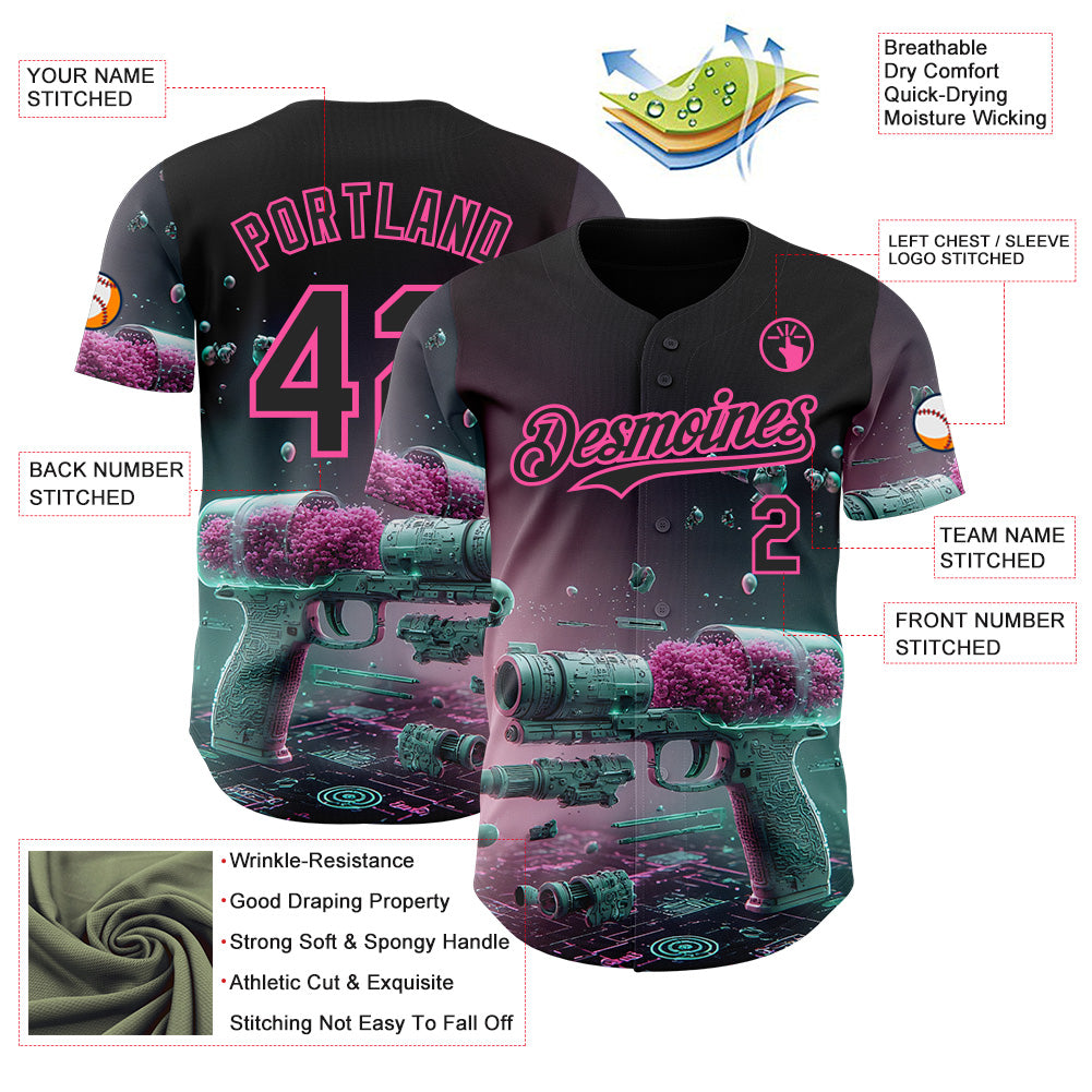 Custom Black-Pink Futurism Cyberpunk E-sports 3D Pattern Design Authentic Baseball Jersey view 3