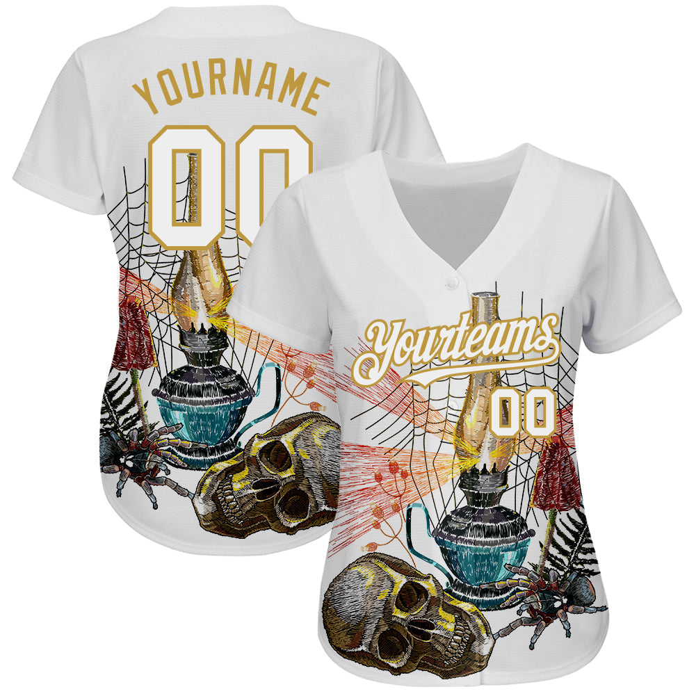 Custom White Old Gold 3D Spider And Skull Fashion Authentic Baseball Jersey view 2