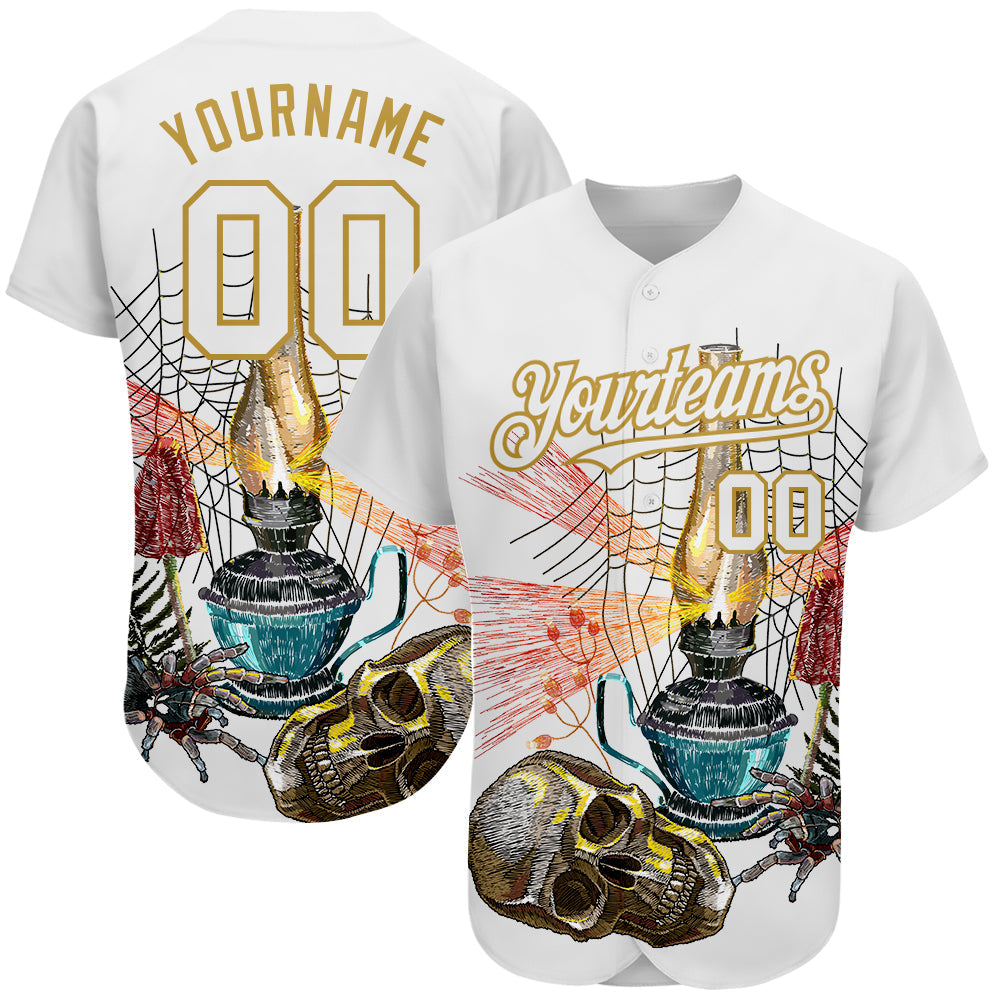 Custom White Old Gold 3D Spider And Skull Fashion Authentic Baseball Jersey - Main View