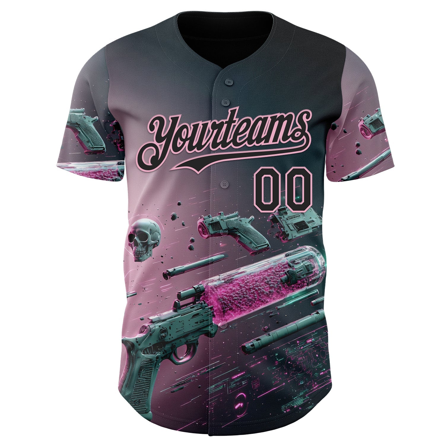 Custom Black-Light Pink Futurism Cyberpunk E-sports 3D Pattern Design Authentic Baseball Jersey view 2