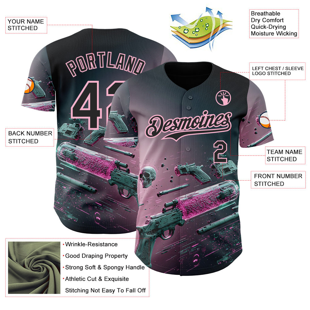 Custom Black-Light Pink Futurism Cyberpunk E-sports 3D Pattern Design Authentic Baseball Jersey view 3