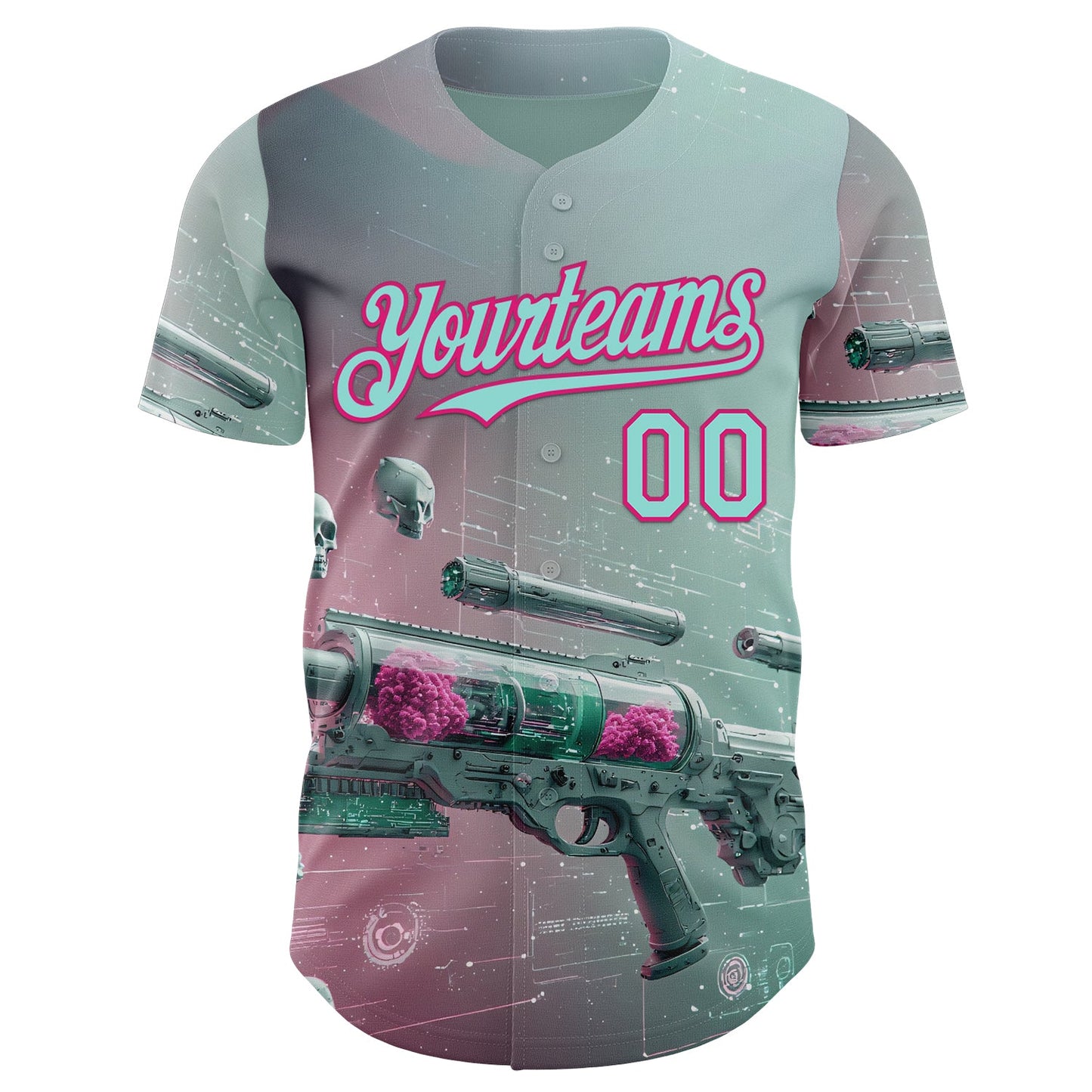 Custom Blue Ice Blue-Hot Pink Futurism Cyberpunk E-sports 3D Pattern Design Authentic Baseball Jersey view 2