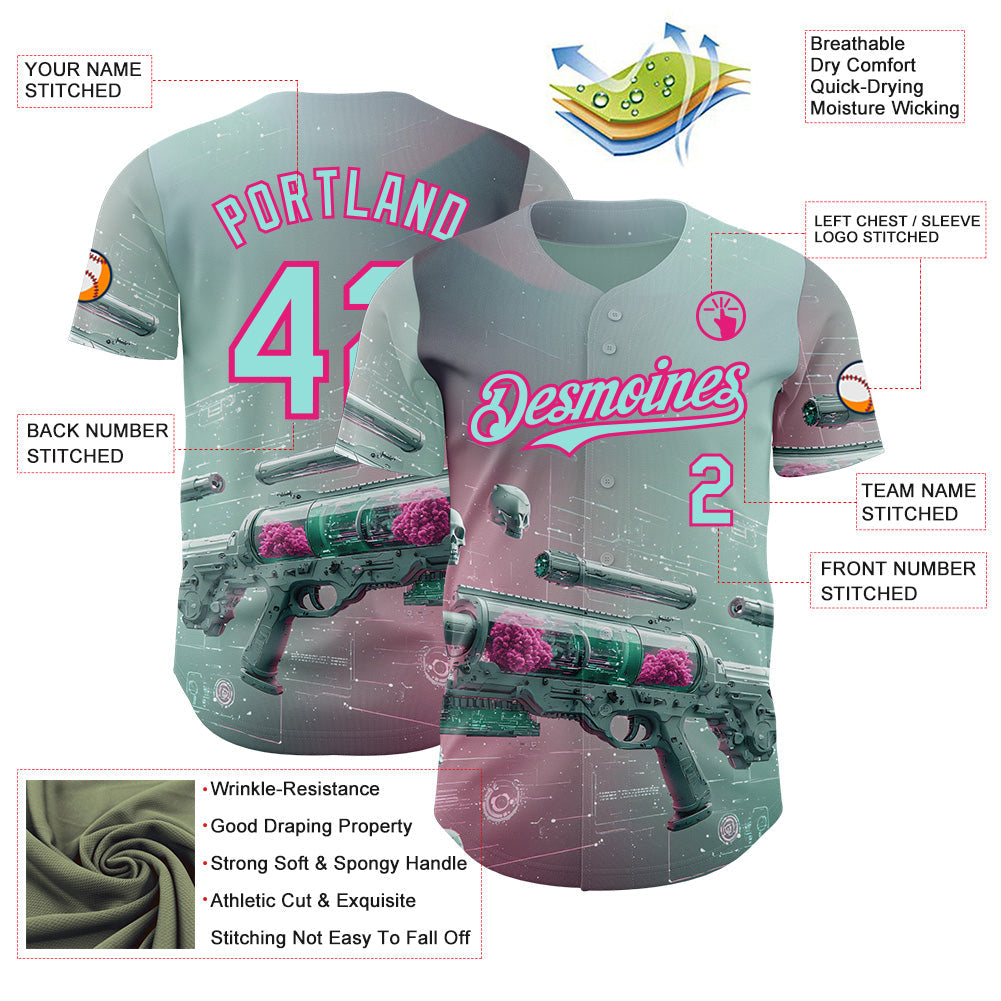 Custom Blue Ice Blue-Hot Pink Futurism Cyberpunk E-sports 3D Pattern Design Authentic Baseball Jersey view 3
