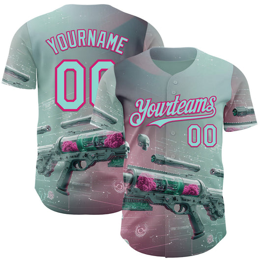 Custom Blue Ice Blue-Hot Pink Futurism Cyberpunk E-sports 3D Pattern Design Authentic Baseball Jersey - Main View