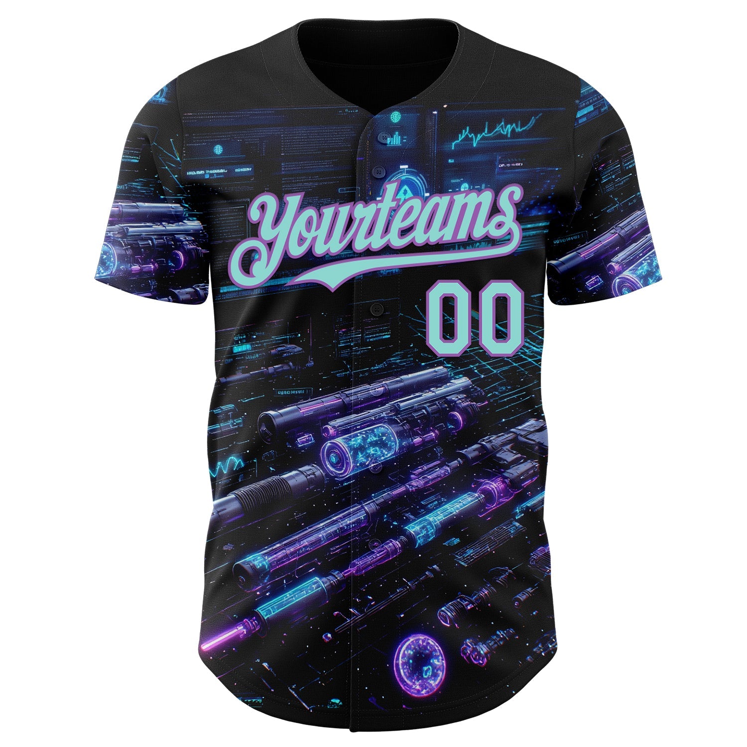 Custom Black Ice Blue-Medium Purple Futurism Cyberpunk E-sports 3D Pattern Design Authentic Baseball Jersey view 2