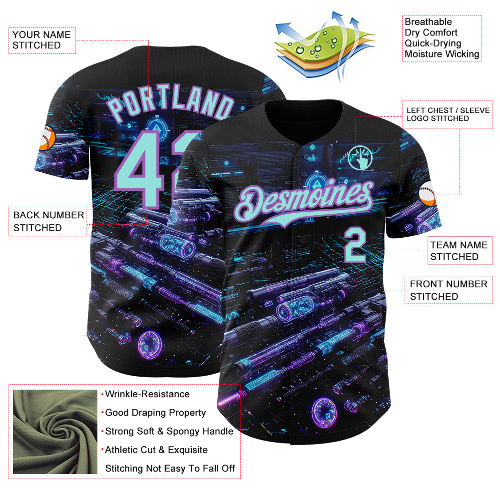 Custom Black Ice Blue-Medium Purple Futurism Cyberpunk E-sports 3D Pattern Design Authentic Baseball Jersey view 3