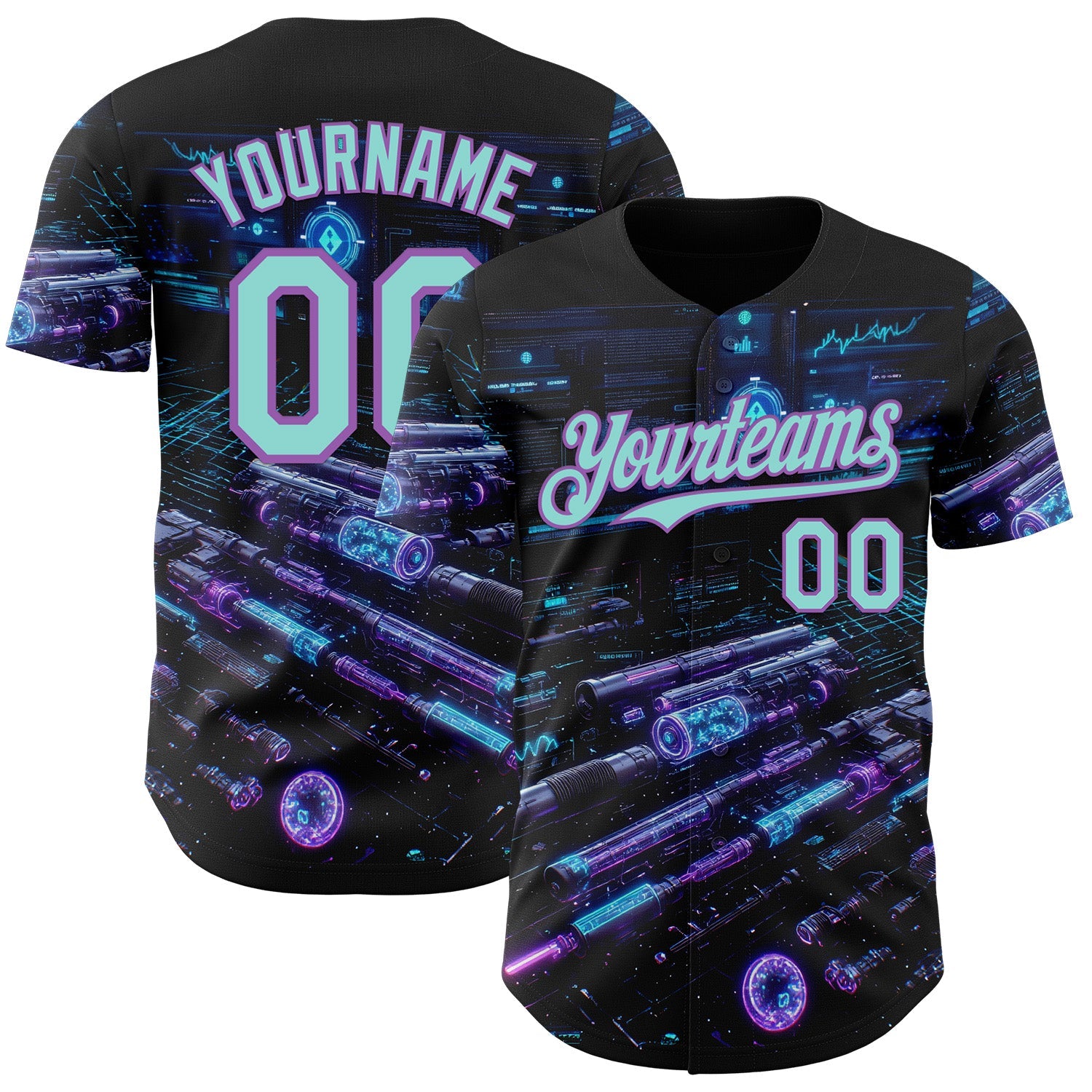 Custom Black Ice Blue-Medium Purple Futurism Cyberpunk E-sports 3D Pattern Design Authentic Baseball Jersey - Main View