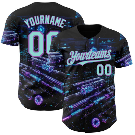 Custom Black Ice Blue-Medium Purple Futurism Cyberpunk E-sports 3D Pattern Design Authentic Baseball Jersey - Main View