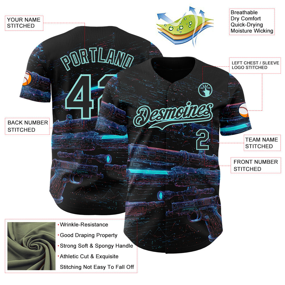 Custom Black-Ice Blue Futurism Cyberpunk E-sports 3D Pattern Design Authentic Baseball Jersey view 3