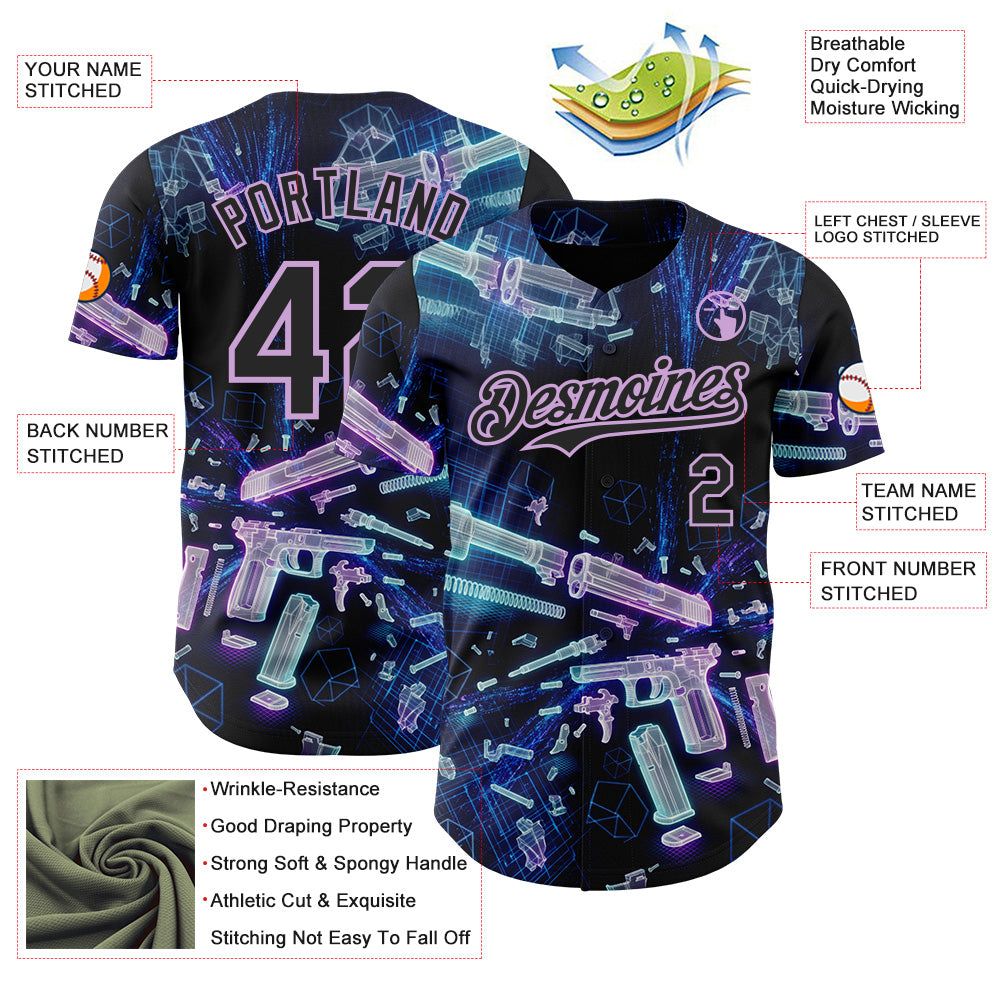 Custom Black-Light Purple Futurism Cyberpunk E-sports 3D Pattern Design Authentic Baseball Jersey view 3