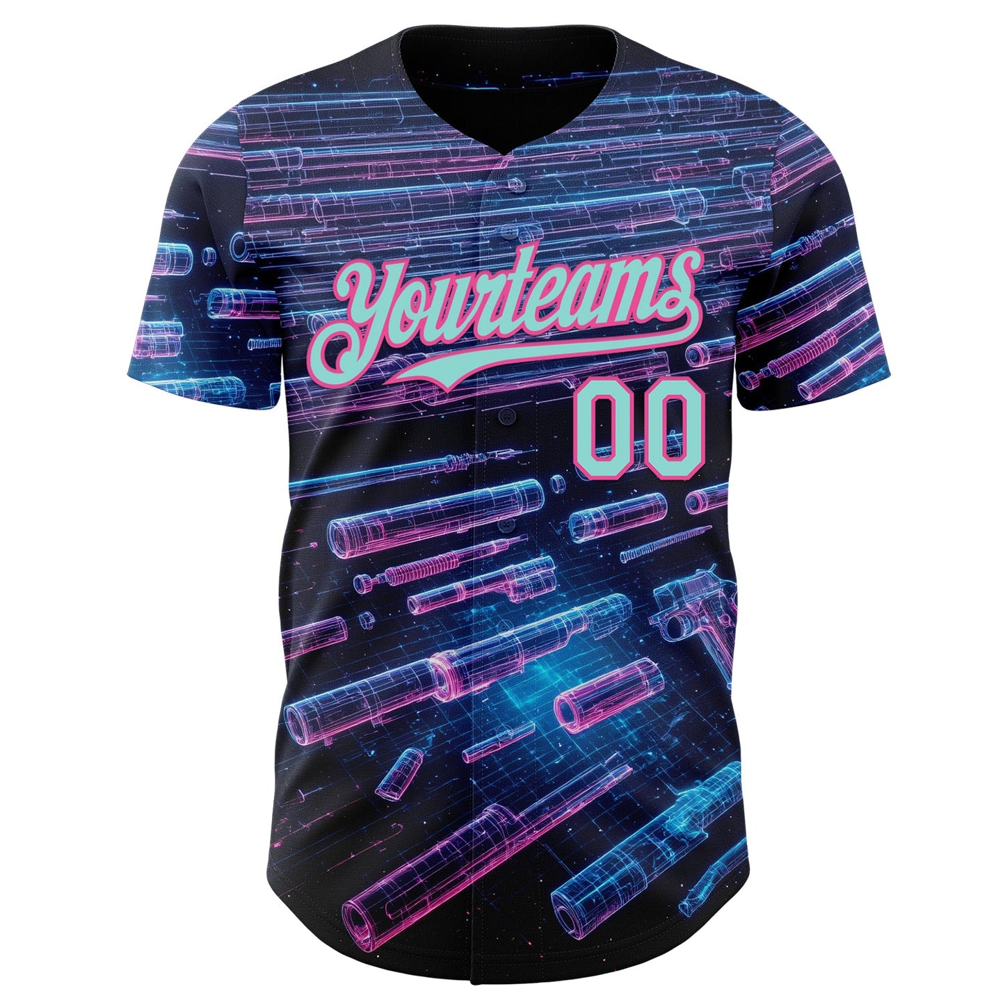 Custom Black Ice Blue-Pink Futurism Cyberpunk E-sports 3D Pattern Design Authentic Baseball Jersey view 2