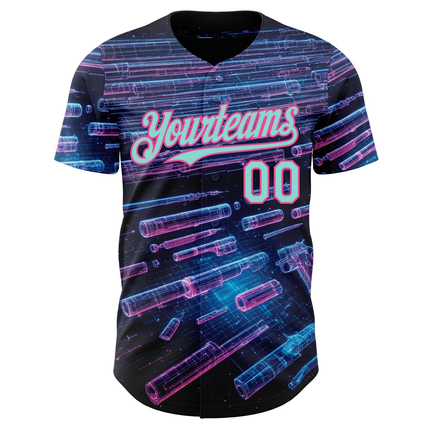 Custom Black Ice Blue-Pink Futurism Cyberpunk E-sports 3D Pattern Design Authentic Baseball Jersey view 2