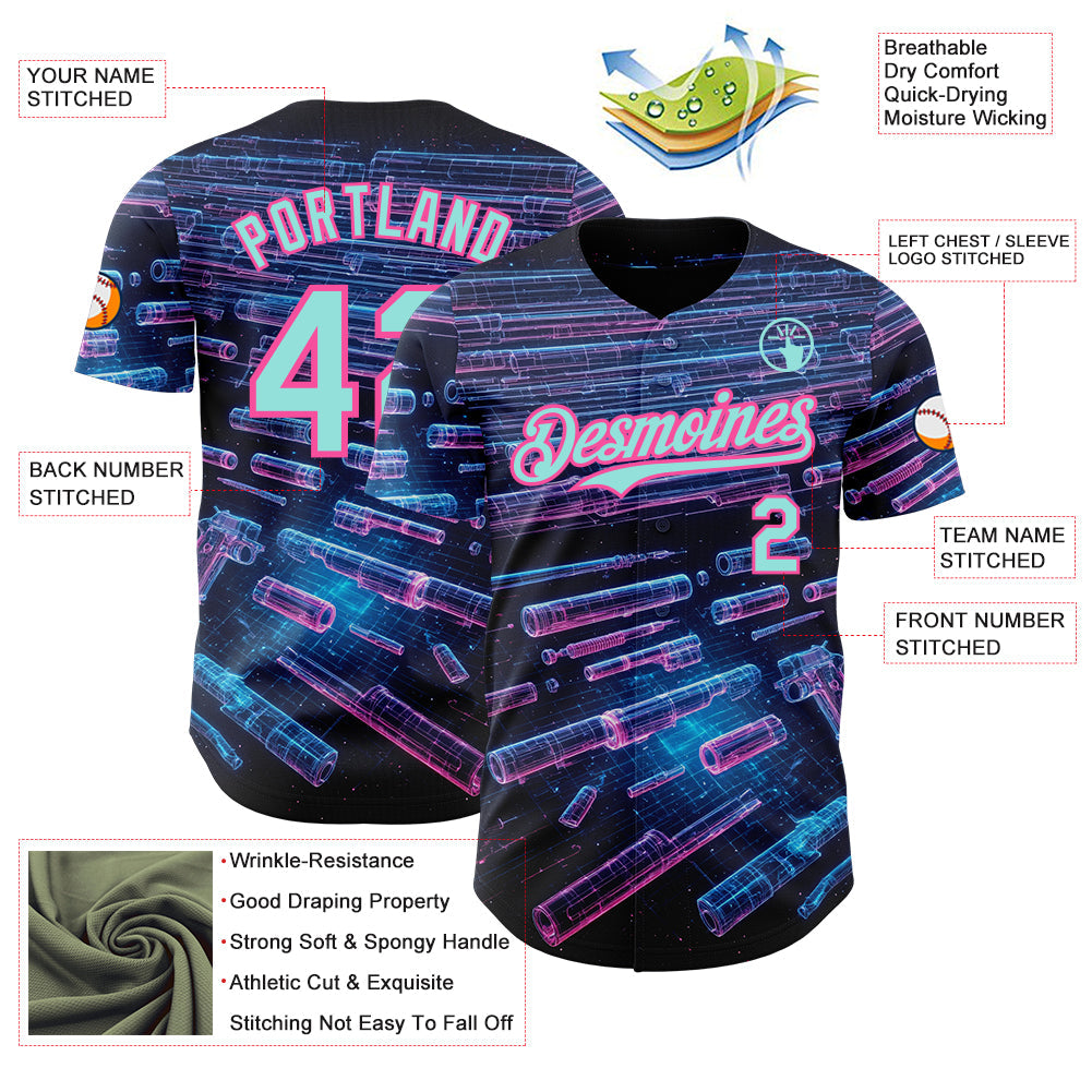 Custom Black Ice Blue-Pink Futurism Cyberpunk E-sports 3D Pattern Design Authentic Baseball Jersey view 3