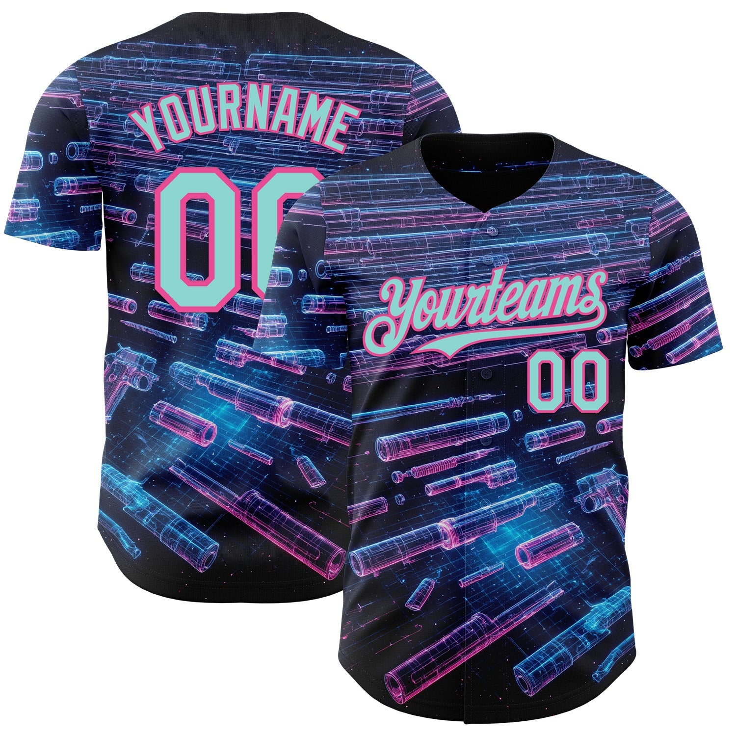 Custom Black Ice Blue-Pink Futurism Cyberpunk E-sports 3D Pattern Design Authentic Baseball Jersey - Main View