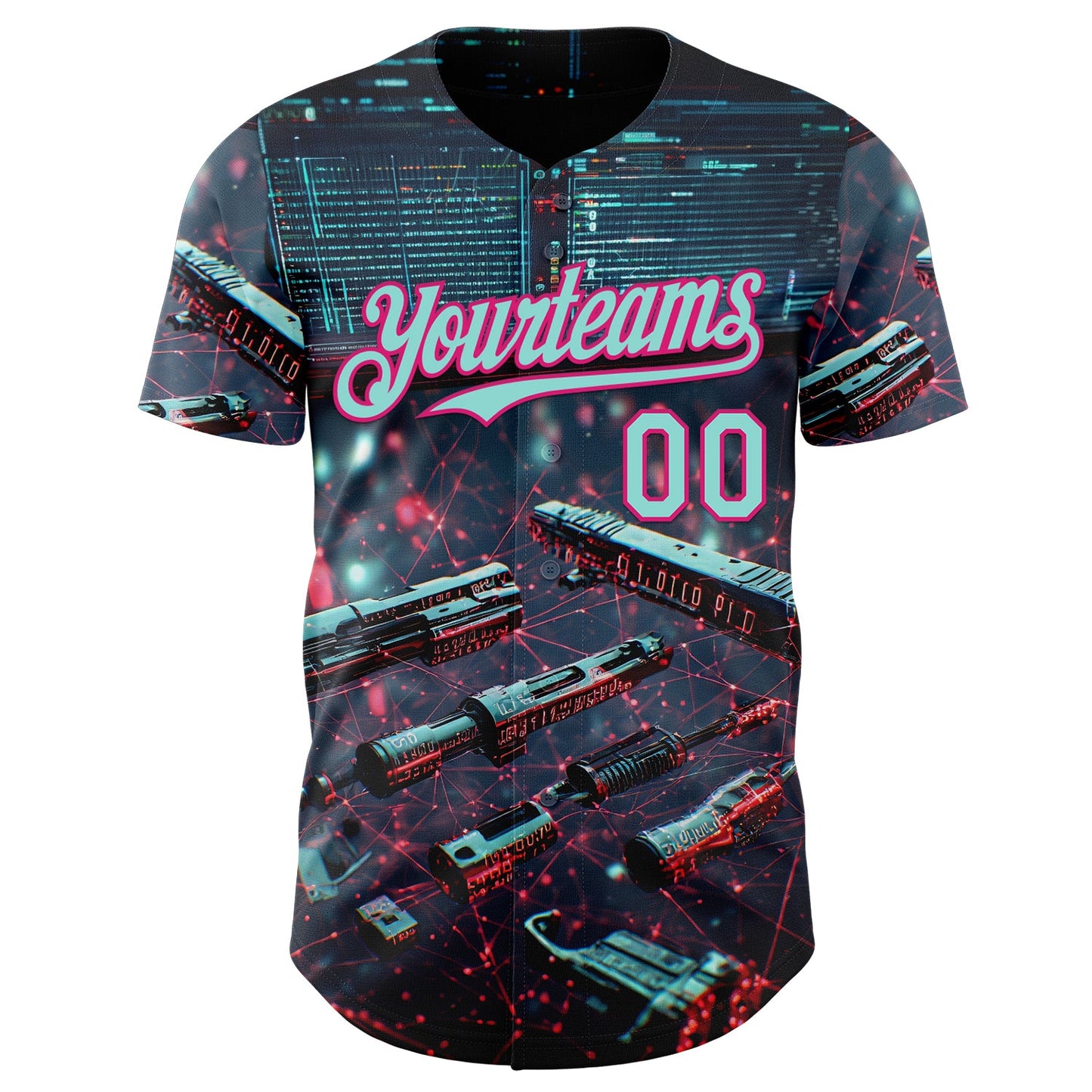 Custom Black Ice Blue-Hot Pink Futurism Tech E-sports 3D Pattern Design Authentic Baseball Jersey view 2