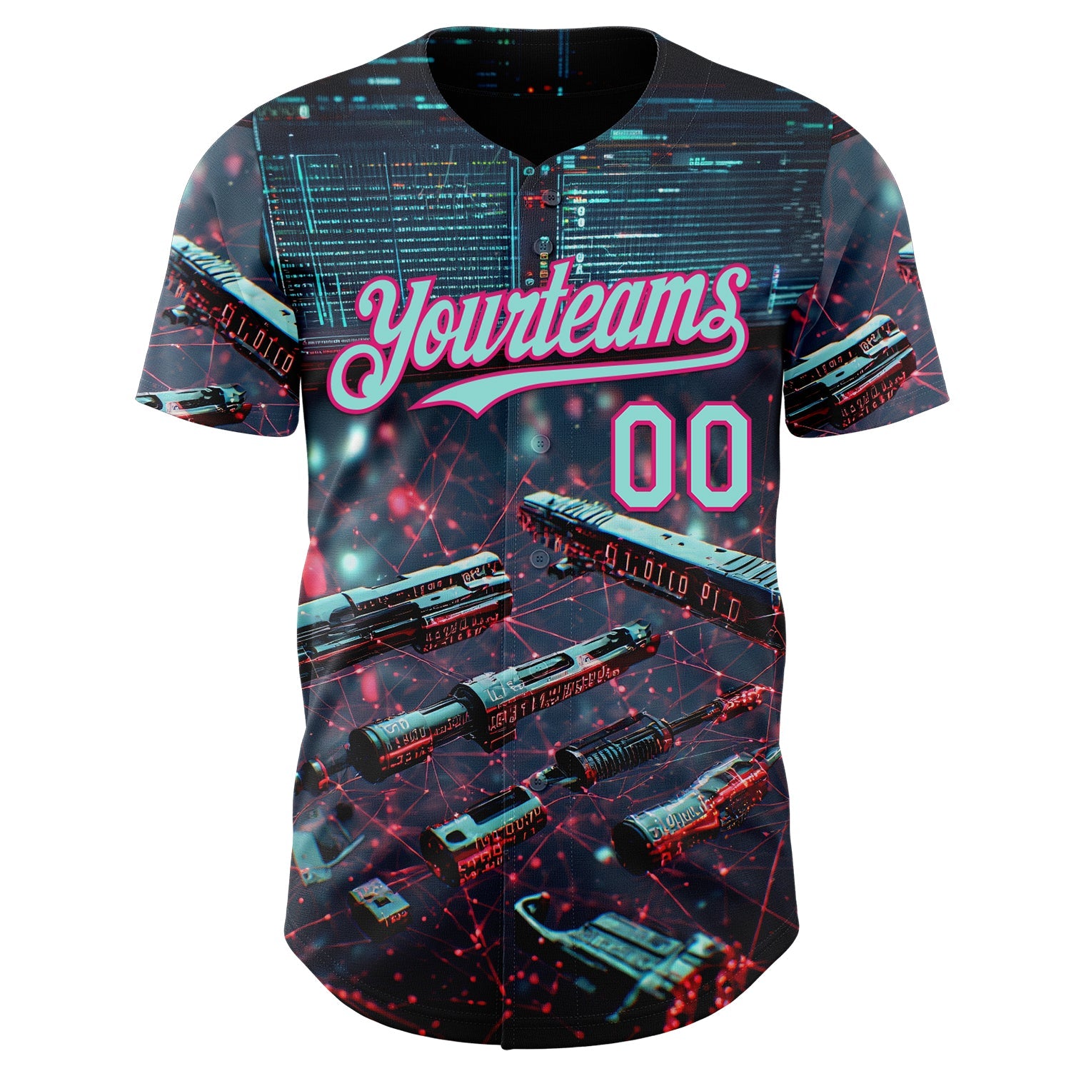 Custom Black Ice Blue-Hot Pink Futurism Tech E-sports 3D Pattern Design Authentic Baseball Jersey view 2