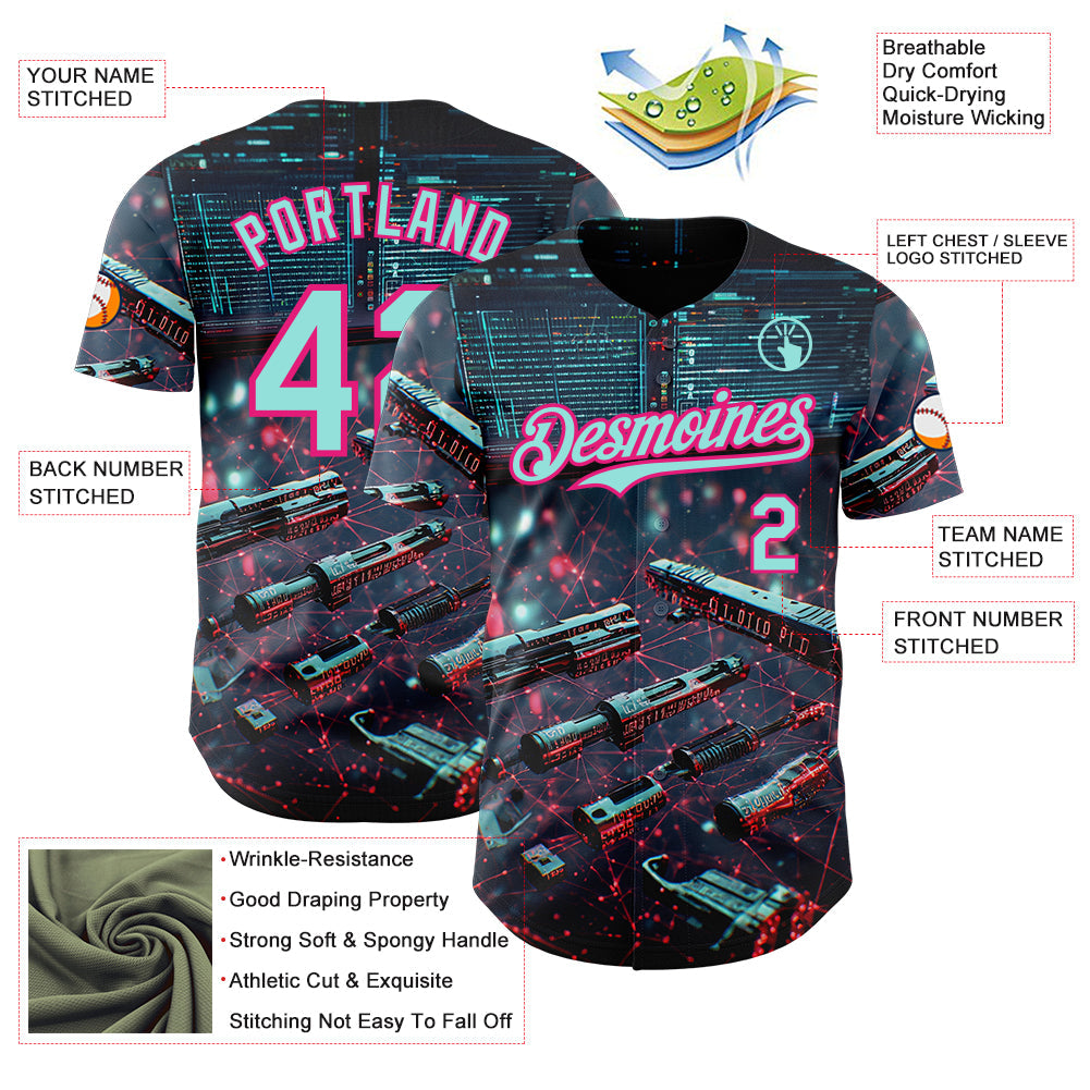 Custom Black Ice Blue-Hot Pink Futurism Tech E-sports 3D Pattern Design Authentic Baseball Jersey view 3