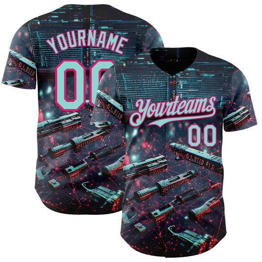 Custom Black Ice Blue-Hot Pink Futurism Tech E-sports 3D Pattern Design Authentic Baseball Jersey - Main View