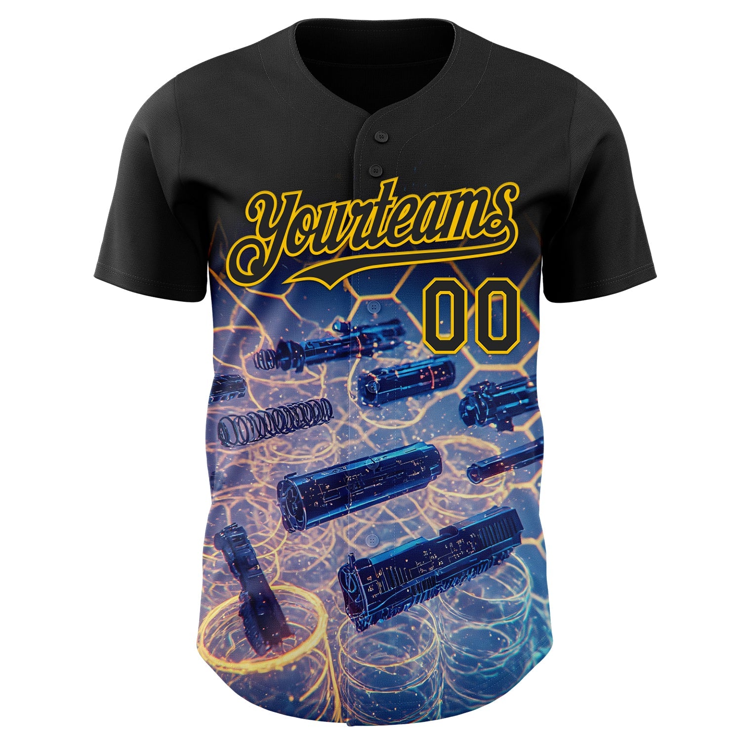 Custom Black-Yellow Futurism Tech Holographic E-sports 3D Pattern Design Authentic Baseball Jersey view 2