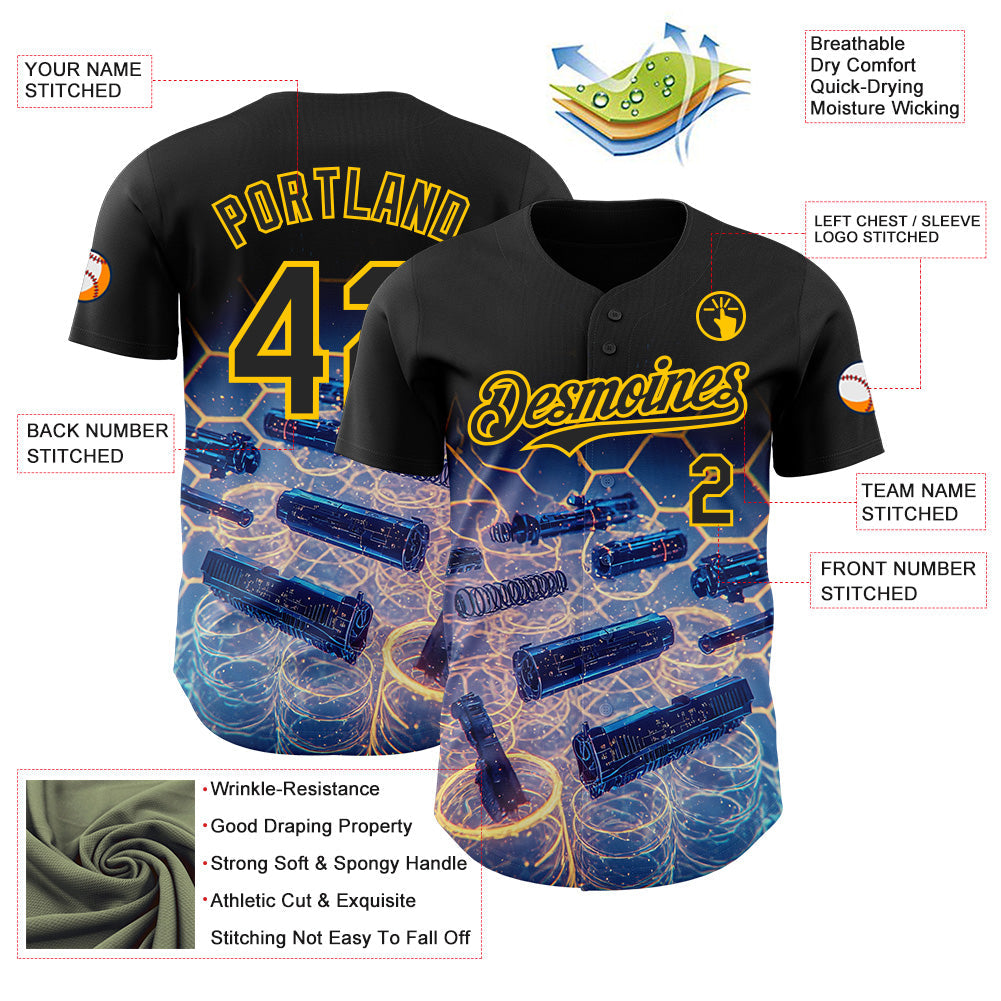 Custom Black-Yellow Futurism Tech Holographic E-sports 3D Pattern Design Authentic Baseball Jersey view 3