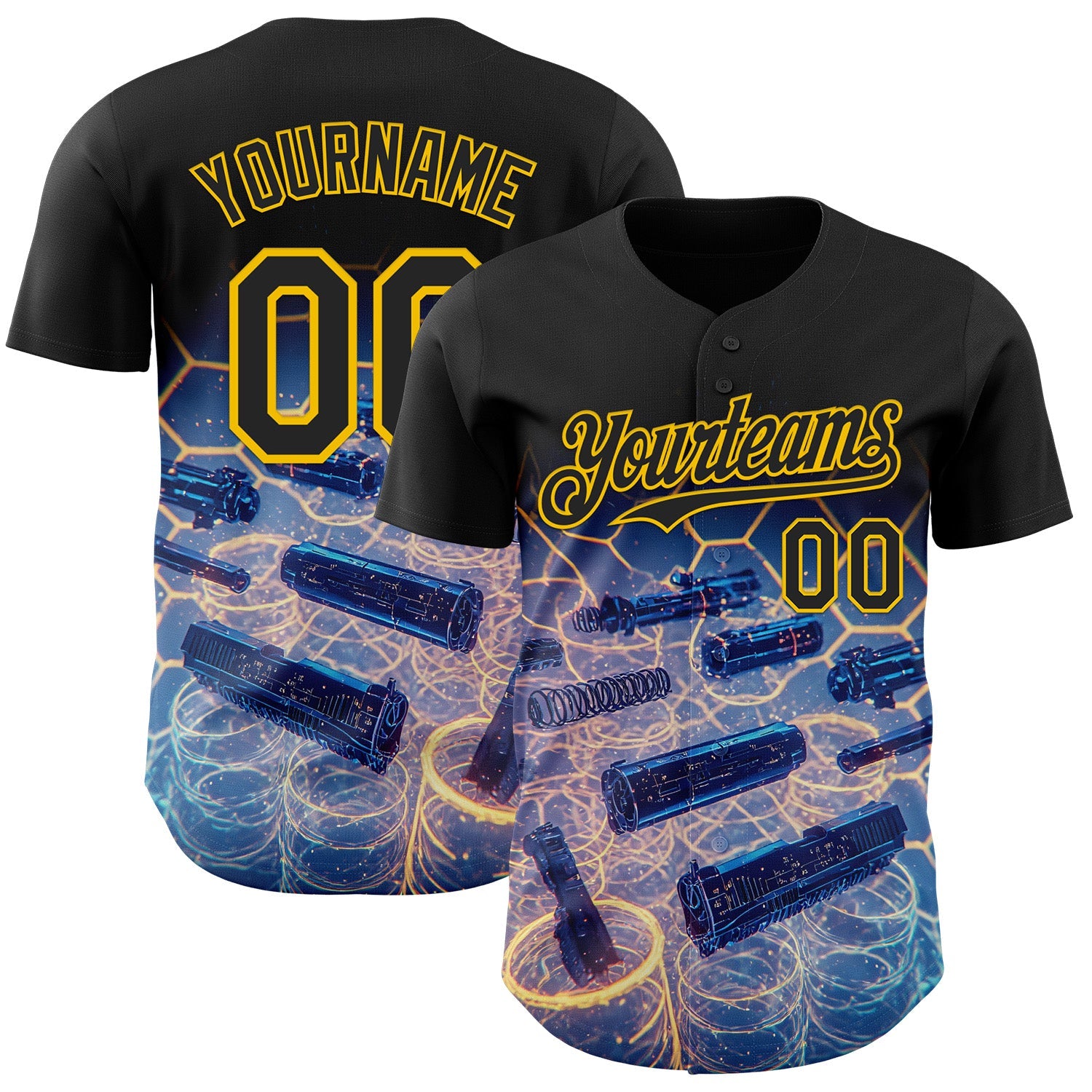 Custom Black-Yellow Futurism Tech Holographic E-sports 3D Pattern Design Authentic Baseball Jersey - Main View
