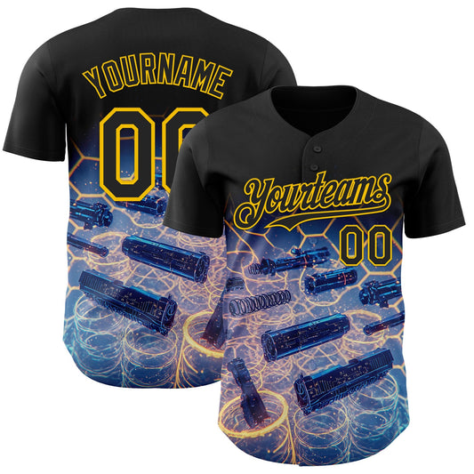 Custom Black-Yellow Futurism Tech Holographic E-sports 3D Pattern Design Authentic Baseball Jersey - Main View