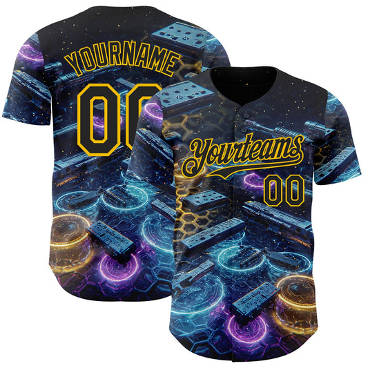 Custom Black-Yellow Futurism Cyberpunk E-sports 3D Pattern Design Authentic Baseball Jersey - Main View