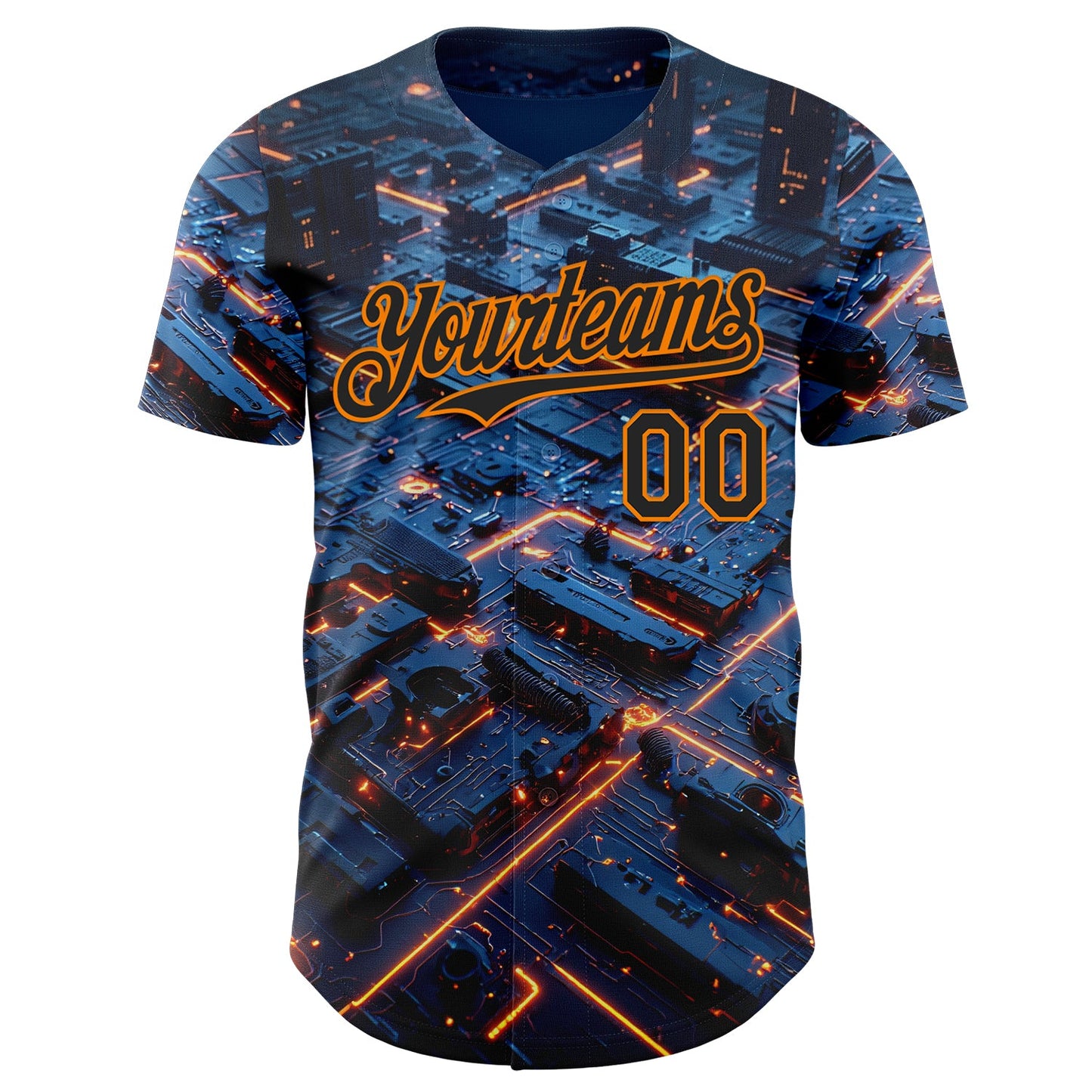Custom Blue Black-Bay Orange Futurism Tech E-sports 3D Pattern Design Authentic Baseball Jersey view 2