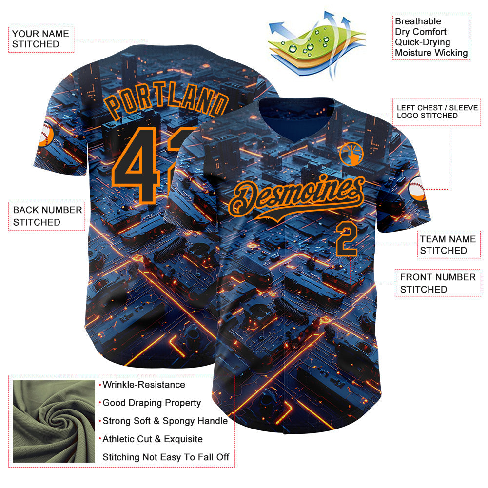 Custom Blue Black-Bay Orange Futurism Tech E-sports 3D Pattern Design Authentic Baseball Jersey view 3