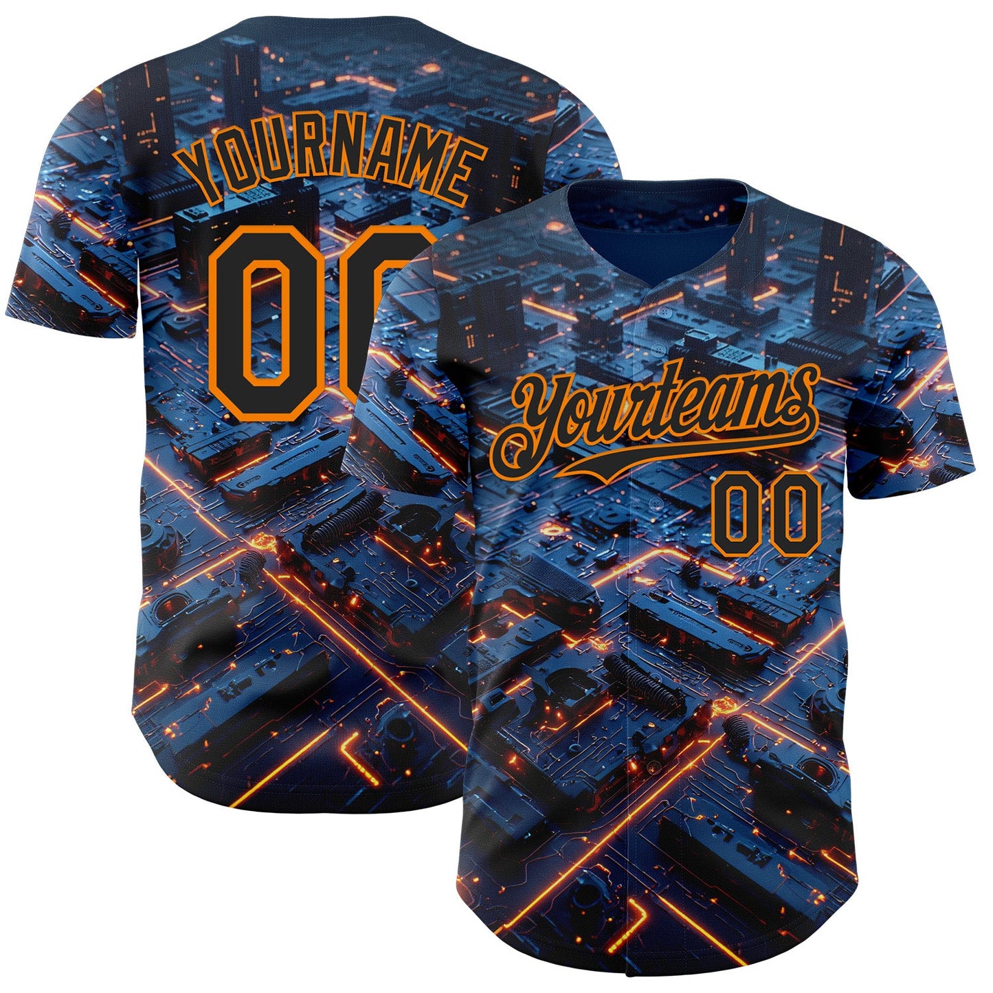 Custom Blue Black-Bay Orange Futurism Tech E-sports 3D Pattern Design Authentic Baseball Jersey - Main View
