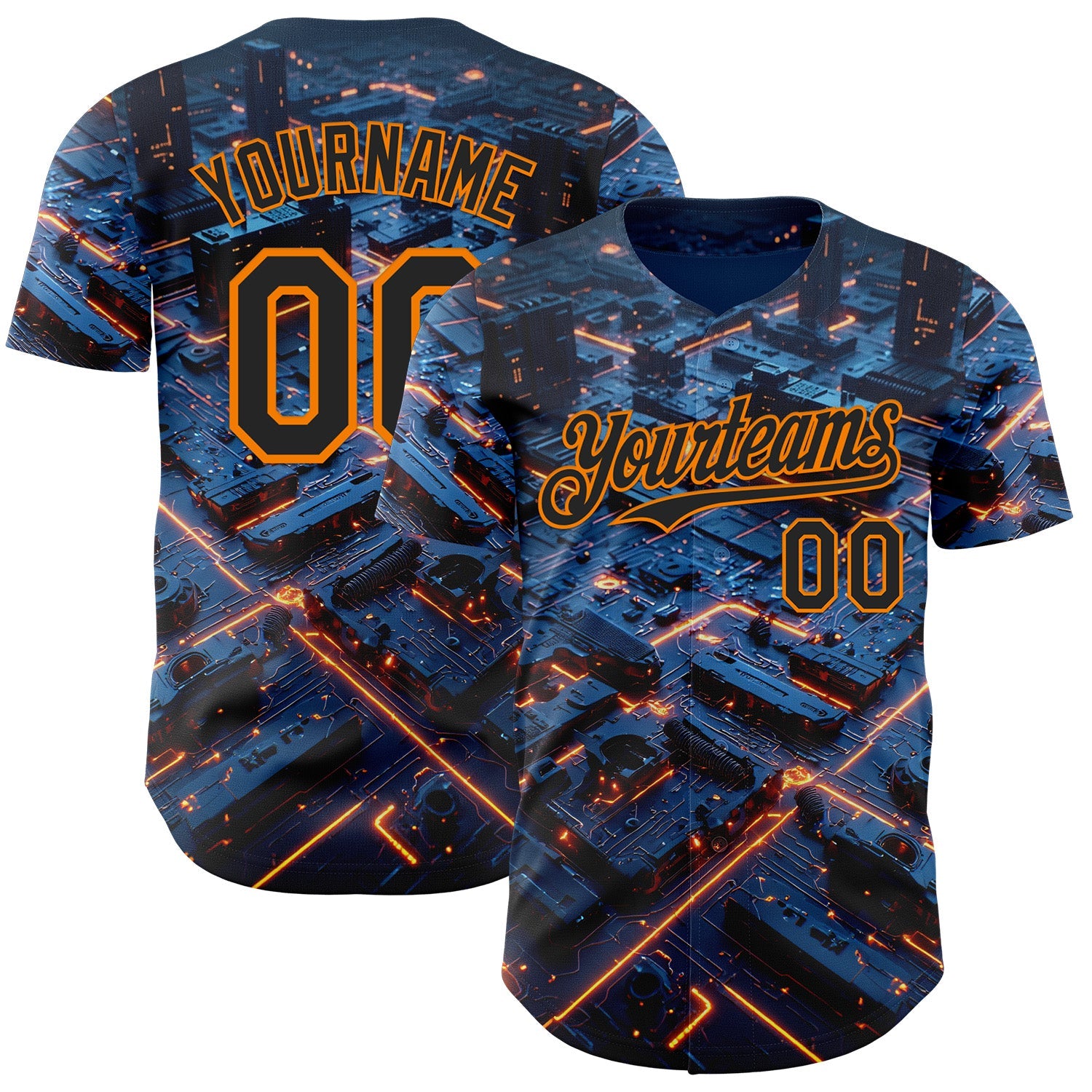 Custom Blue Black-Bay Orange Futurism Tech E-sports 3D Pattern Design Authentic Baseball Jersey - Main View