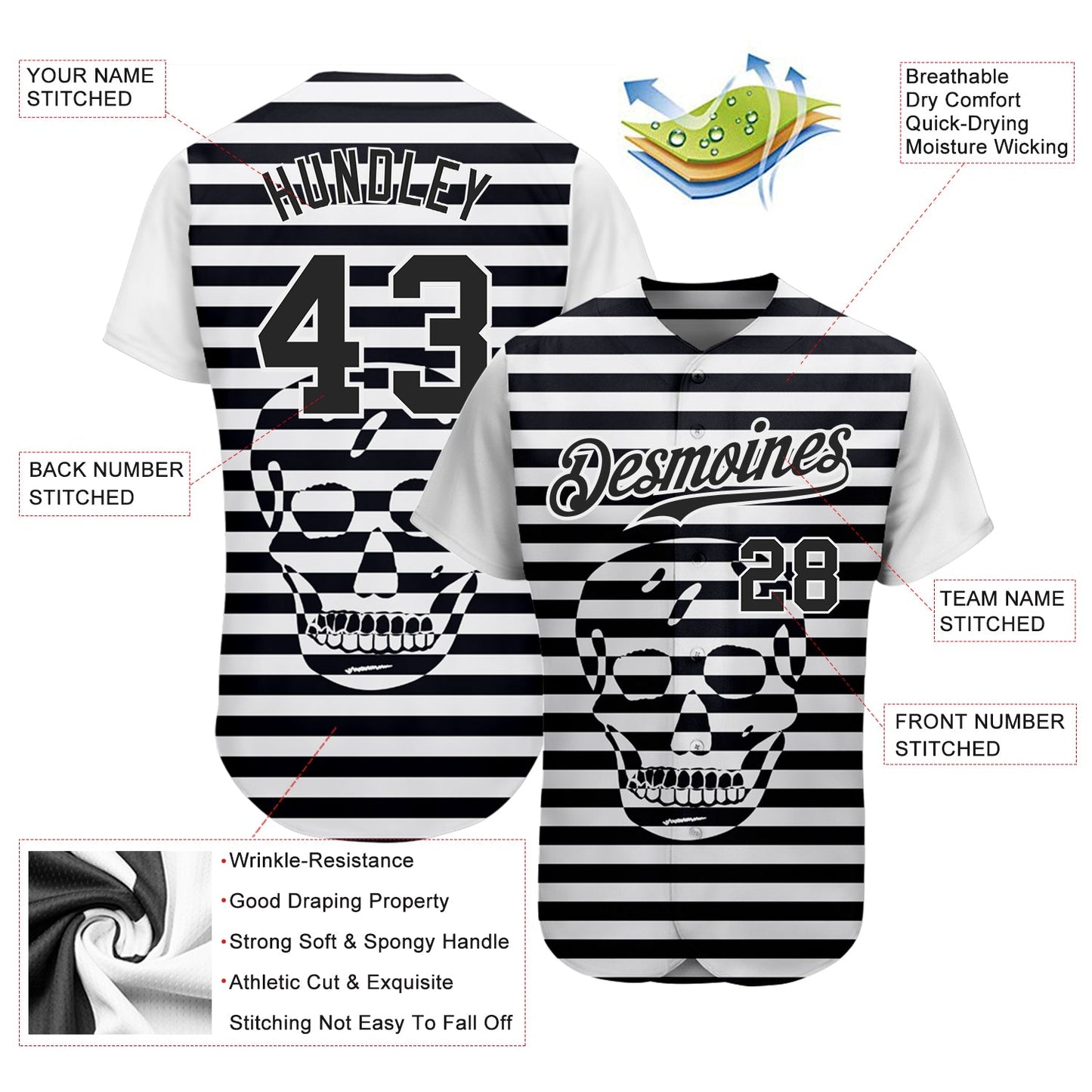 Custom White Black 3D Skull Fashion Authentic Baseball Jersey view 3