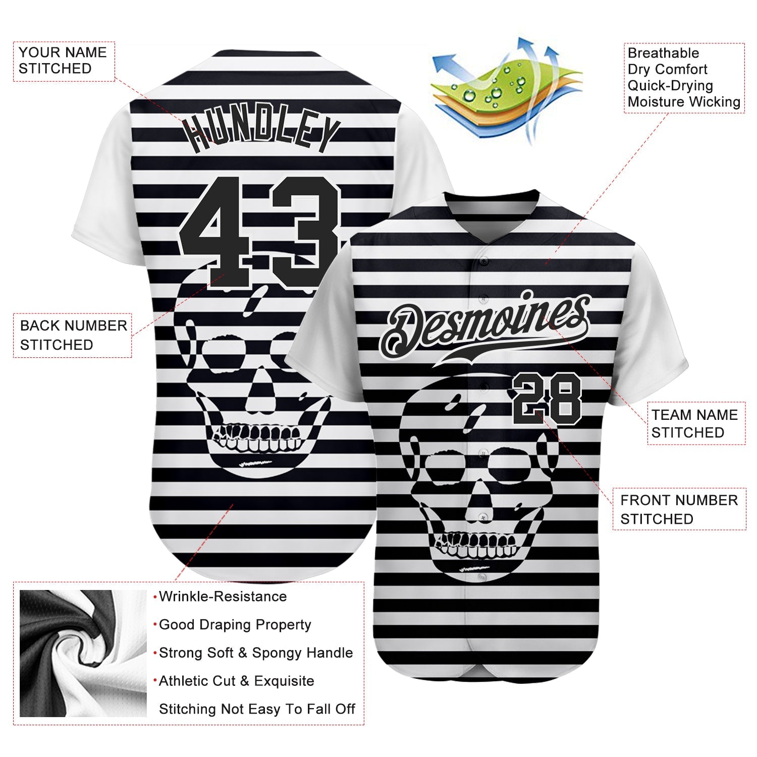 Custom White Black 3D Skull Fashion Authentic Baseball Jersey view 3