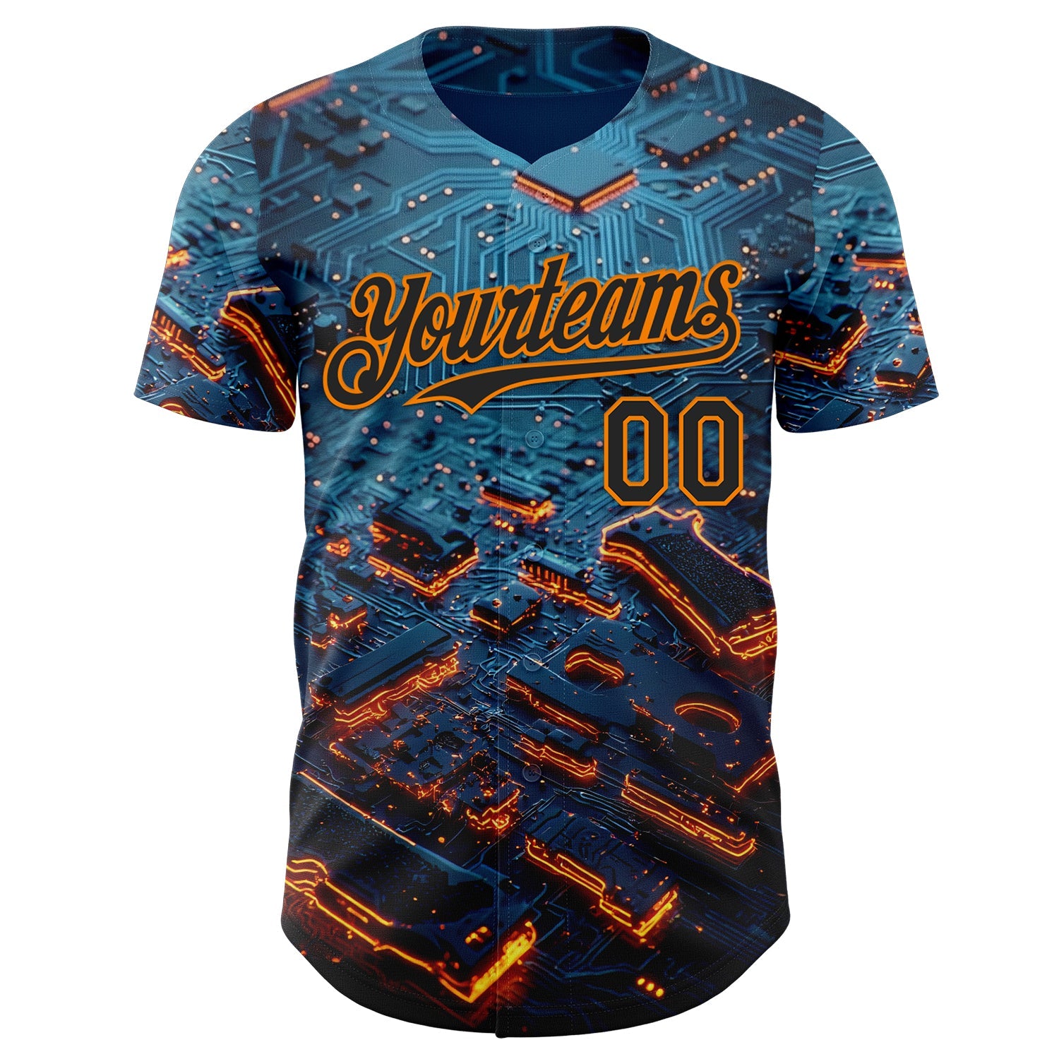 Custom Blue Black-Bay Orange Futurism Tech E-sports 3D Pattern Design Authentic Baseball Jersey view 2