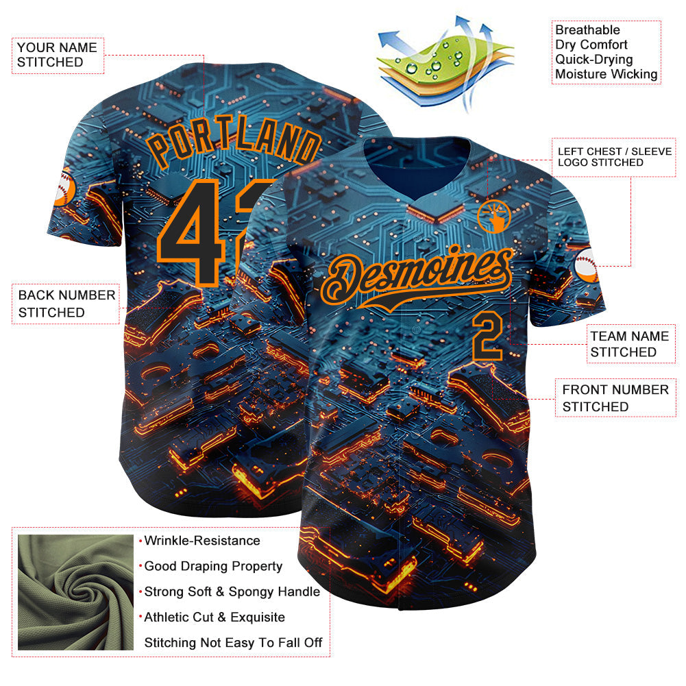 Custom Blue Black-Bay Orange Futurism Tech E-sports 3D Pattern Design Authentic Baseball Jersey view 3
