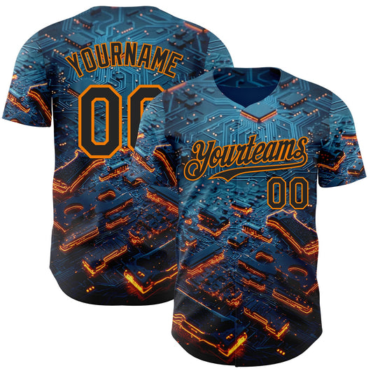Custom Blue Black-Bay Orange Futurism Tech E-sports 3D Pattern Design Authentic Baseball Jersey - Main View