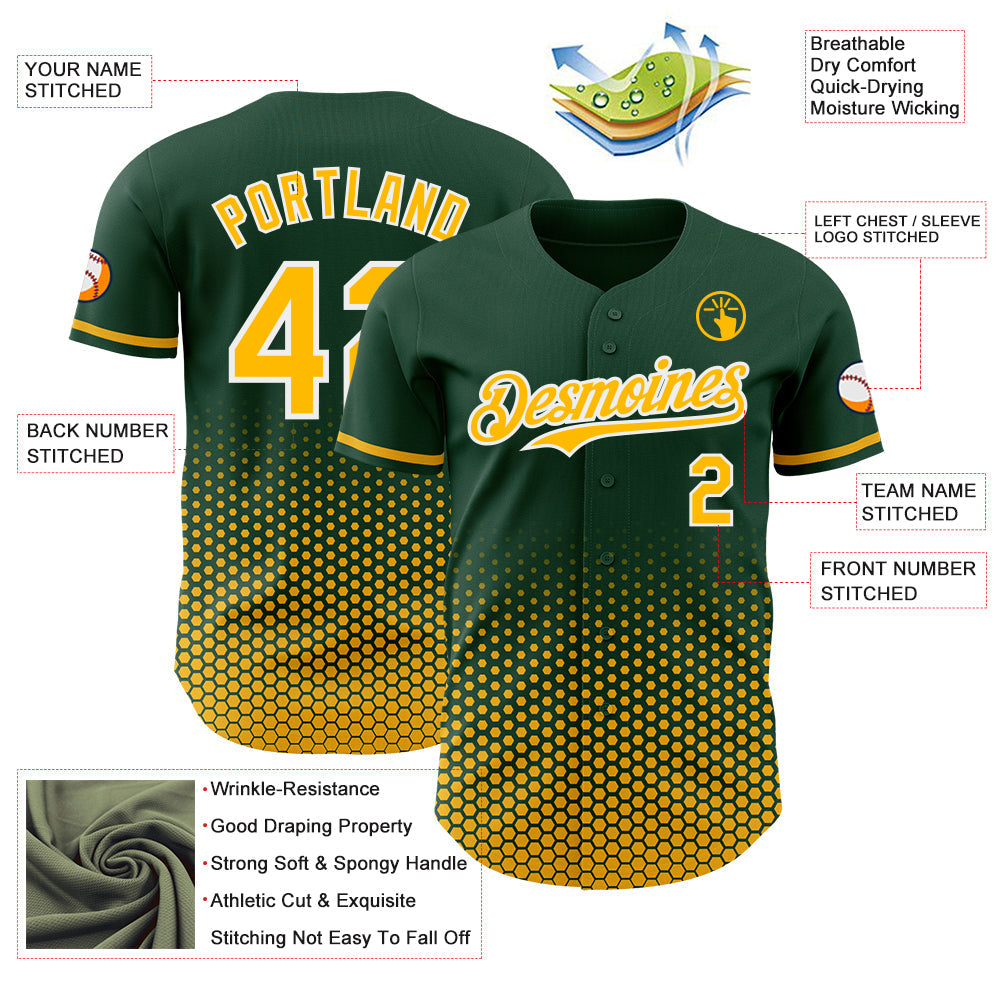 Custom Green Gold-White Geometric Hexagonal Dot Gradient Authentic Baseball Jersey view 3