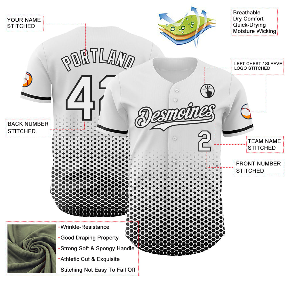 Custom White-Black Geometric Hexagonal Dot Gradient Authentic Baseball Jersey view 3