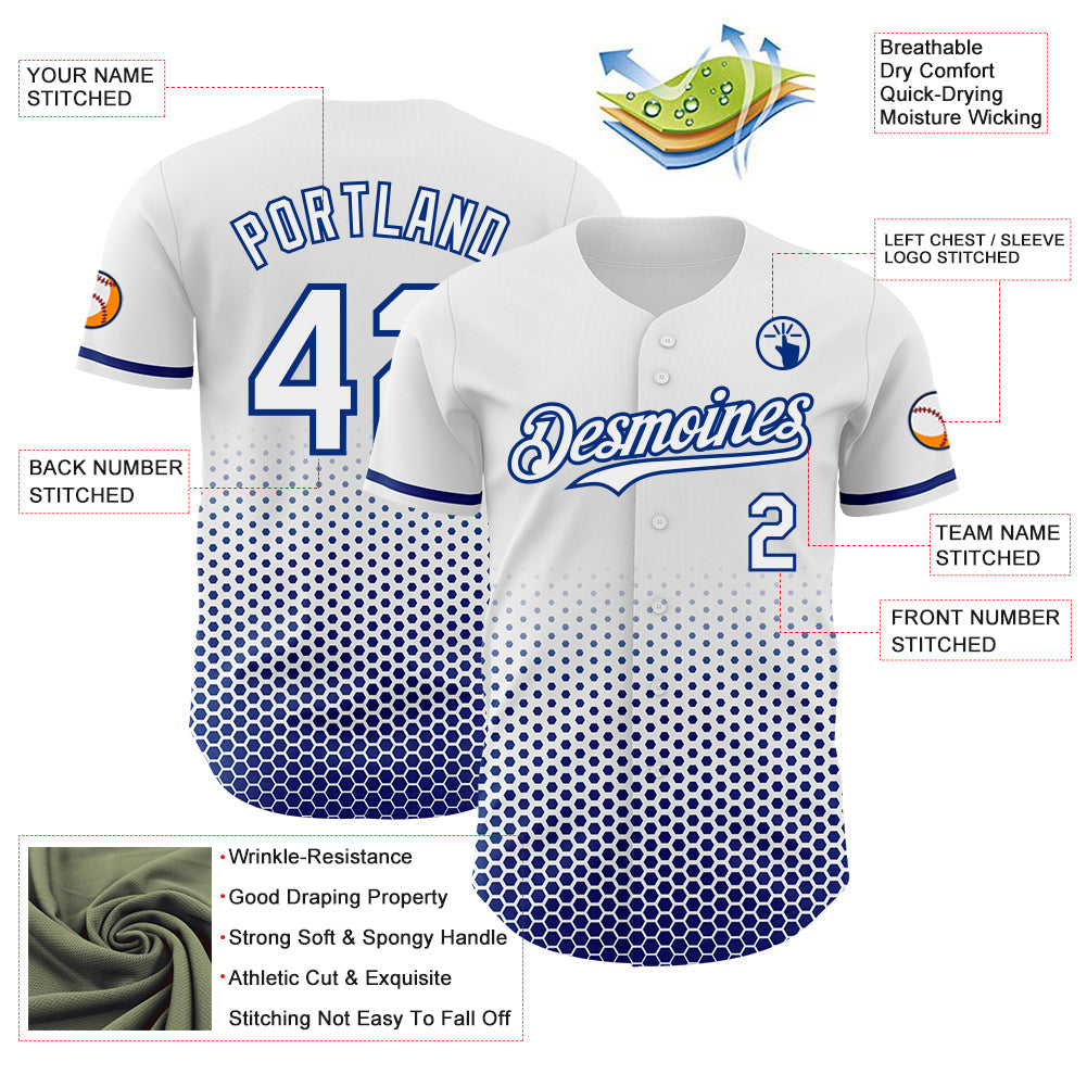 Custom White-Royal Geometric Hexagonal Dot Gradient Authentic Baseball Jersey view 3