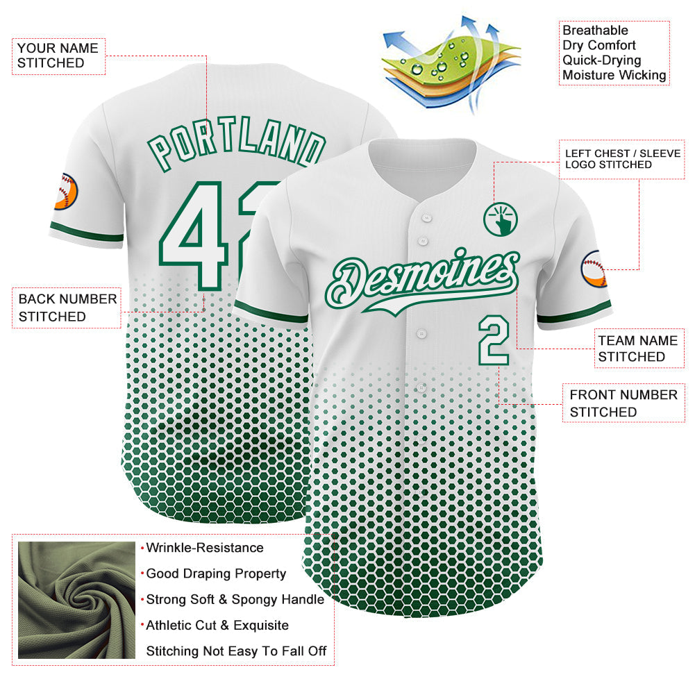 Custom White-Kelly Green Geometric Hexagonal Dot Gradient Authentic Baseball Jersey view 3